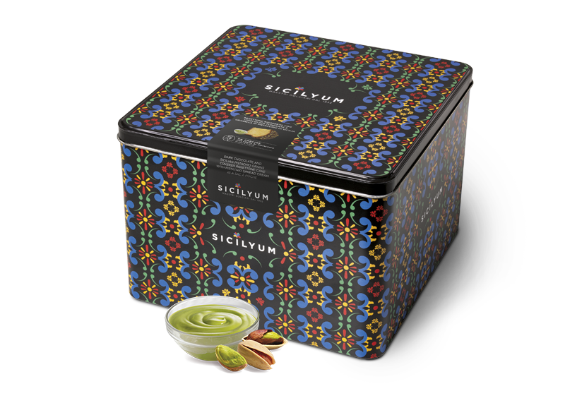 Panettone con crema de pistacho de sicilia y cubierta de chocolate negro, sicilia, 1 kg