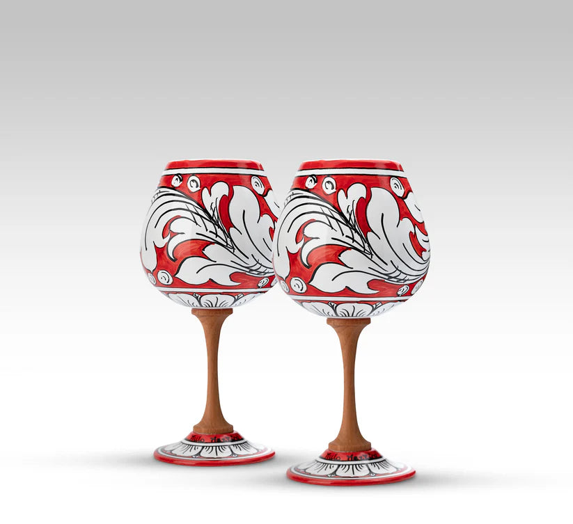 Calice Ornato in Ceramica Artistica di Caltagirone, vari colori Ceramica Food in Sicily Coppia di Calici Rosso