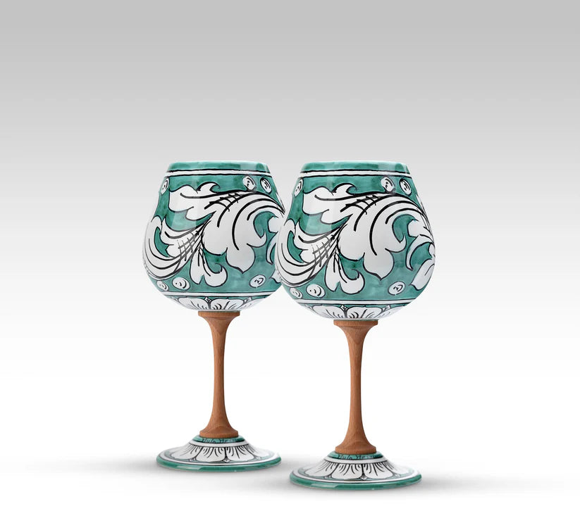 Calice Ornato in Ceramica Artistica di Caltagirone, vari colori Ceramica Food in Sicily Coppia di Calici Verde