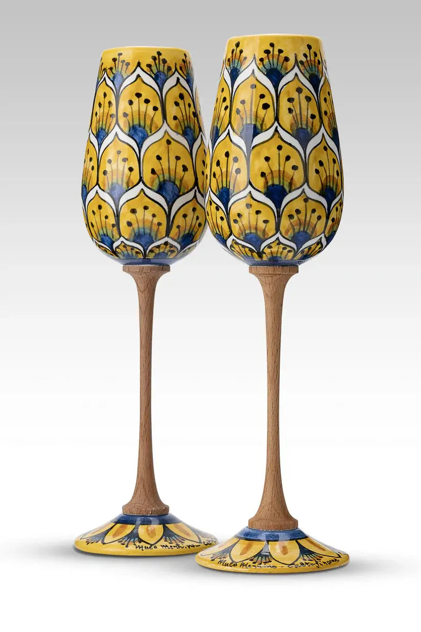 Coppia Flute decoro Pavone in Ceramica Artistica di Caltagirone Ceramica Food in Sicily Coppia di Flute Pavone Giallo