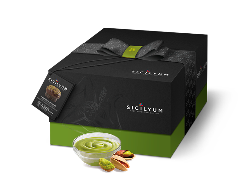 Panettone con crema al Pistacchio di Sicilia e ricoperto di Cioccolato fondente , Sicilyum, 1 Kg Sicilyum
