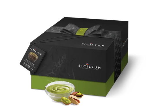 Panettone mit Pistaziencreme aus Sizilien und mit dunkler Schokolade, Sizilien, 1 kg bedeckt