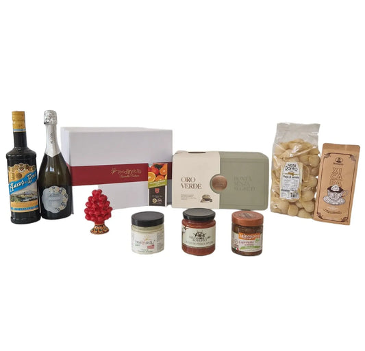 Confezione Natalizia "Borboni" con 10 prodotti tipici siciliani di alta qualità Confezione regalo natalizia Food in Sicily Panettone Oro verde con glassa al cioccolato bianco, pistacchi interi e vasetto di crema al pistacchio