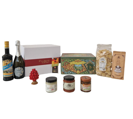 Confezione Natalizia "Borboni" con 10 prodotti tipici siciliani di alta qualità Confezione regalo natalizia Food in Sicily Panettone al Pistacchio Dolce&Gabbana, 600 grammi