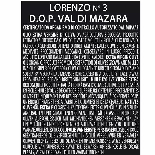 Organic extra virgin olive oil Lorenzo N. 3 D.O.P. "Val di Mazara", 500 ml