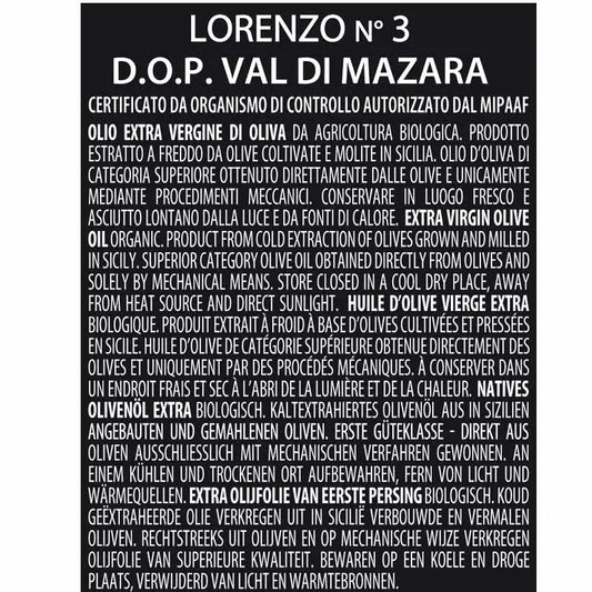 Olio Extravergine di Oliva Biologico LINEA LORENZO N. 3 D.O.P. "Val di Mazara" , 500 ml Premiati Oleifici Barbera