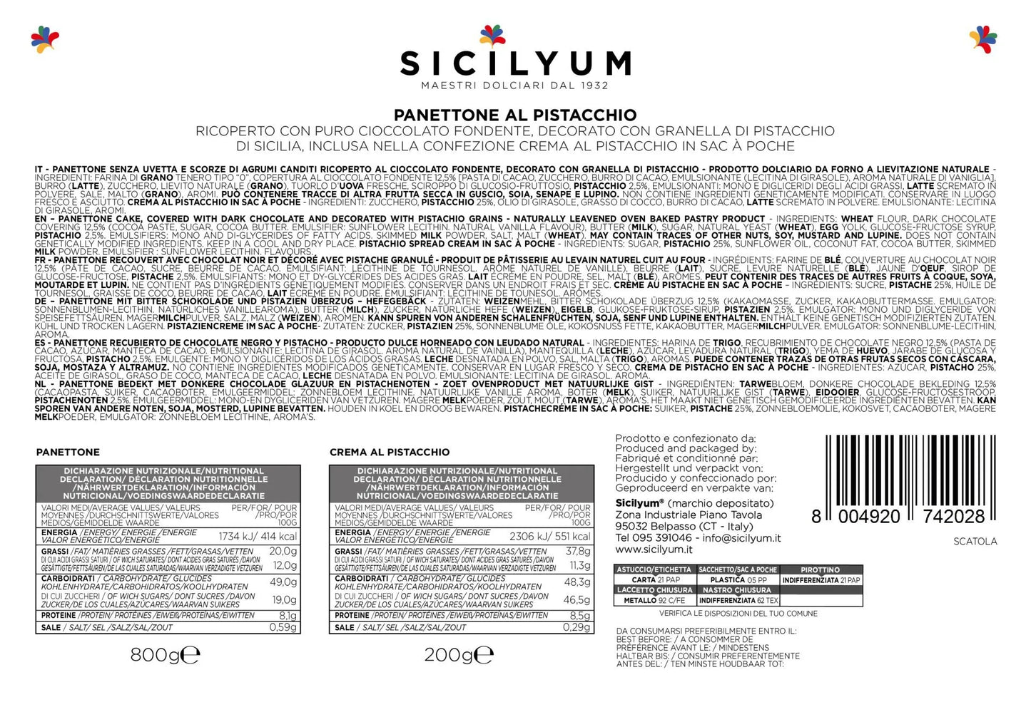 Panettone con crema de pistacho de sicilia y cubierta de chocolate negro, sicilia, 1 kg