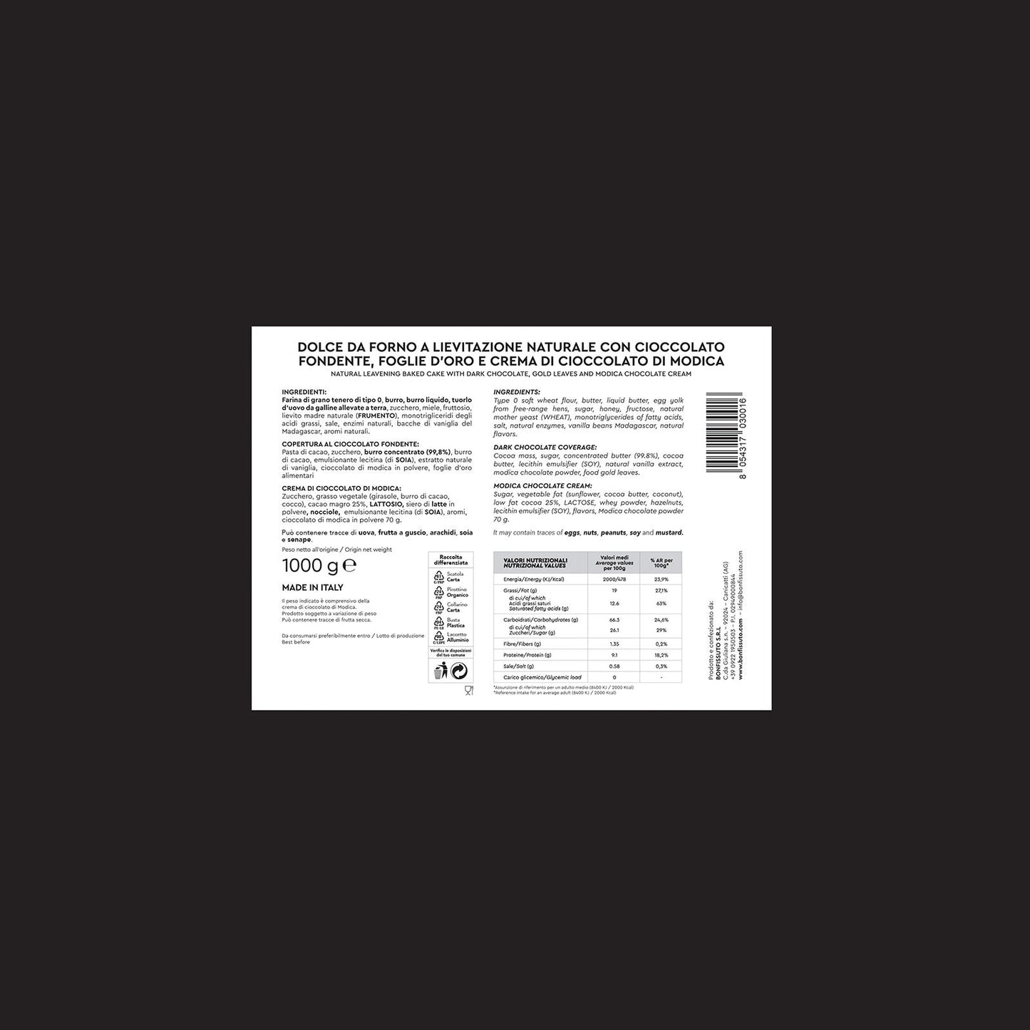 Colomba Bonfissuto al Cioccolato 18 Carati, 1kg Bonfissuto