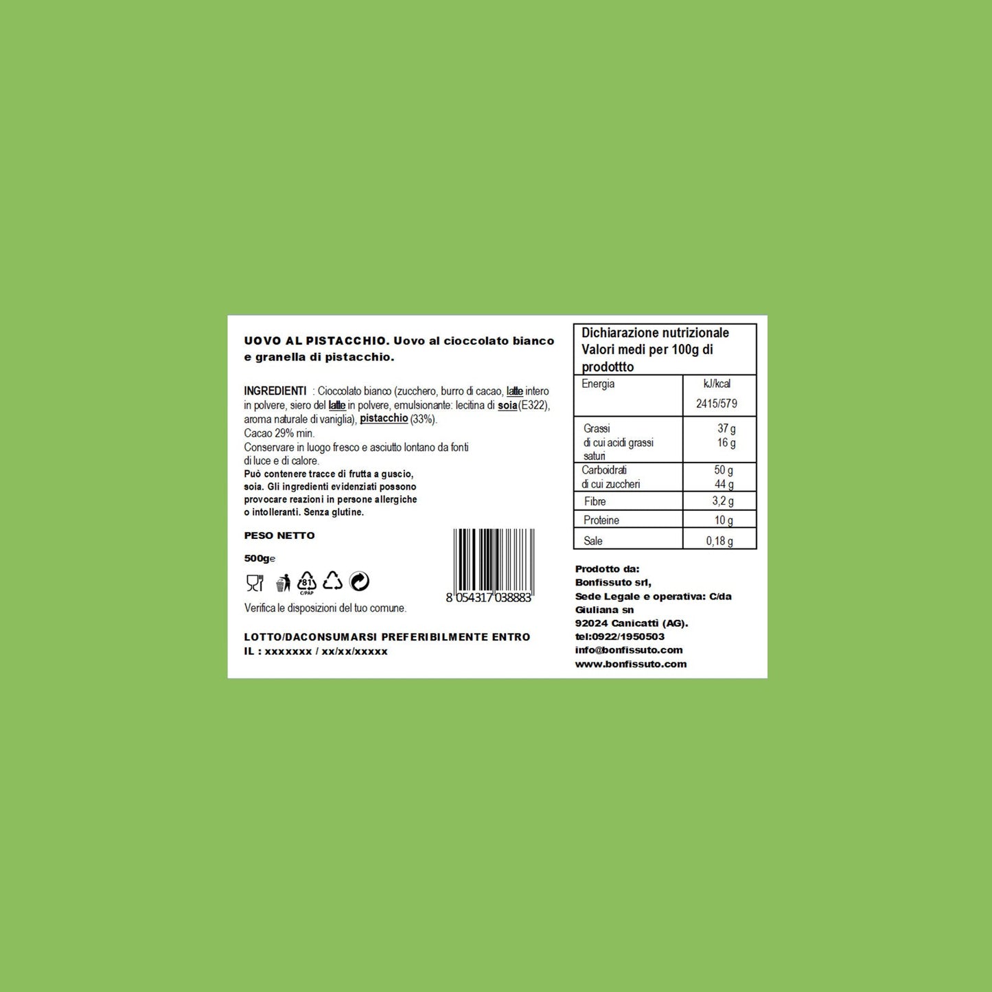 Uovo di Pasqua al Pistacchio, 500 gr Bonfissuto