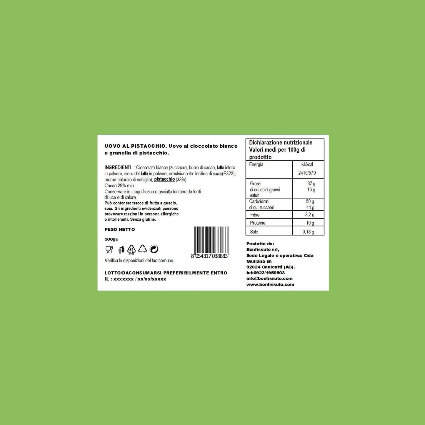 Uovo di Pasqua al Pistacchio, 500 gr Bonfissuto