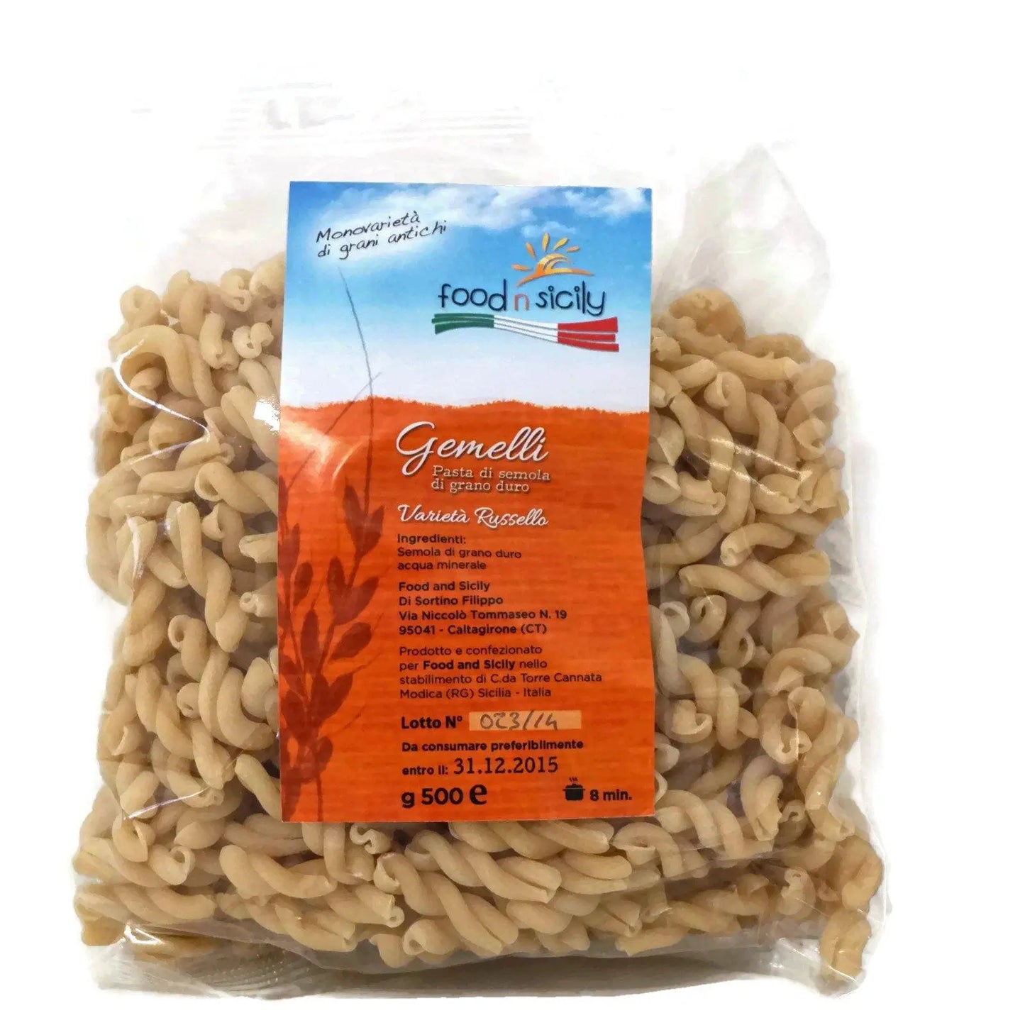 Pasta artigianale "Gemelli" trafilata al bronzo di grano duro Russello pasta Food in Sicily