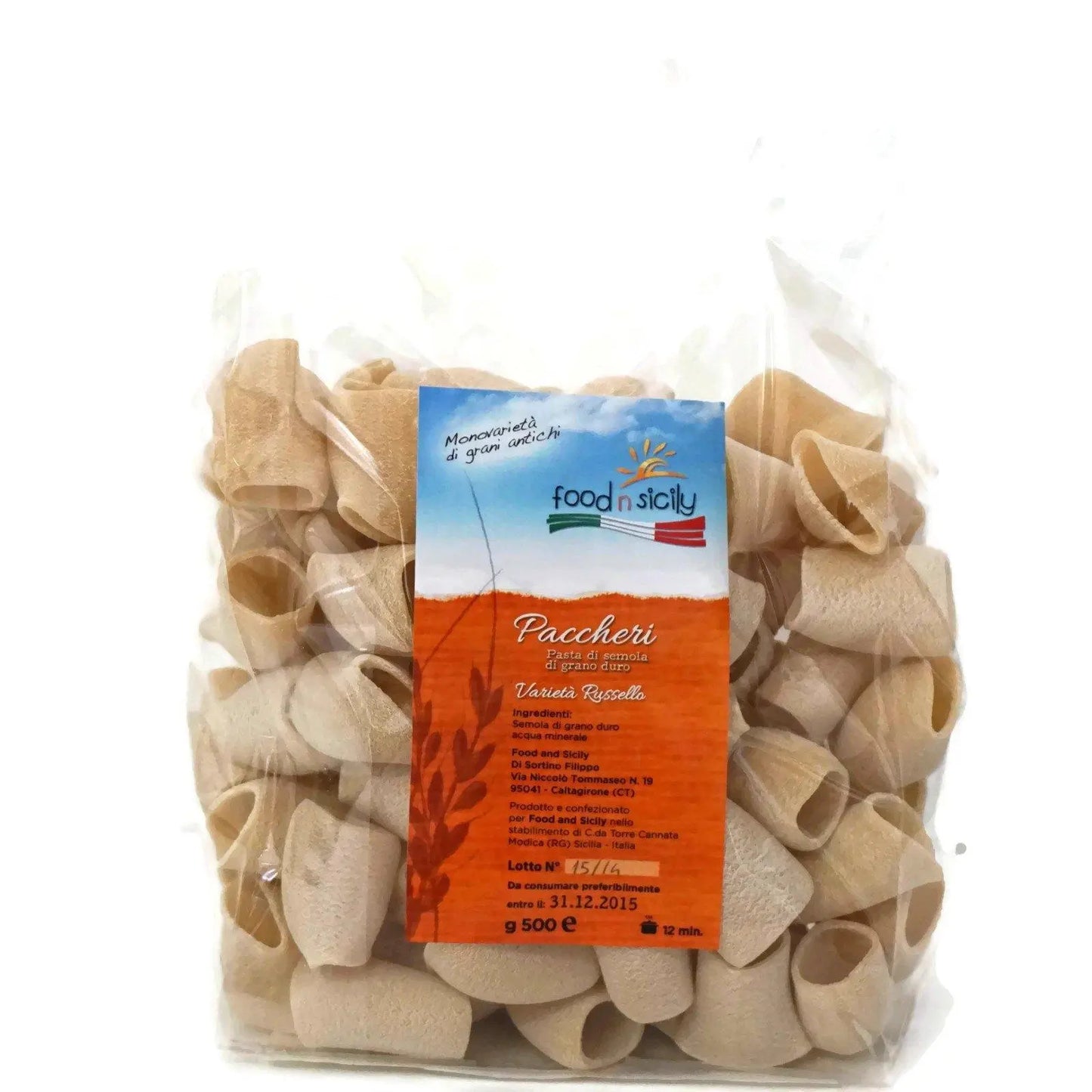 Pasta artigianale "Paccheri" trafilati al bronzo di grano duro Russello, 500 gr pasta Food in Sicily