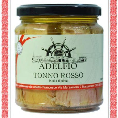Tonno Rosso pinne gialle in olio d'oliva. Contorni Adelfio - Marzamemi 